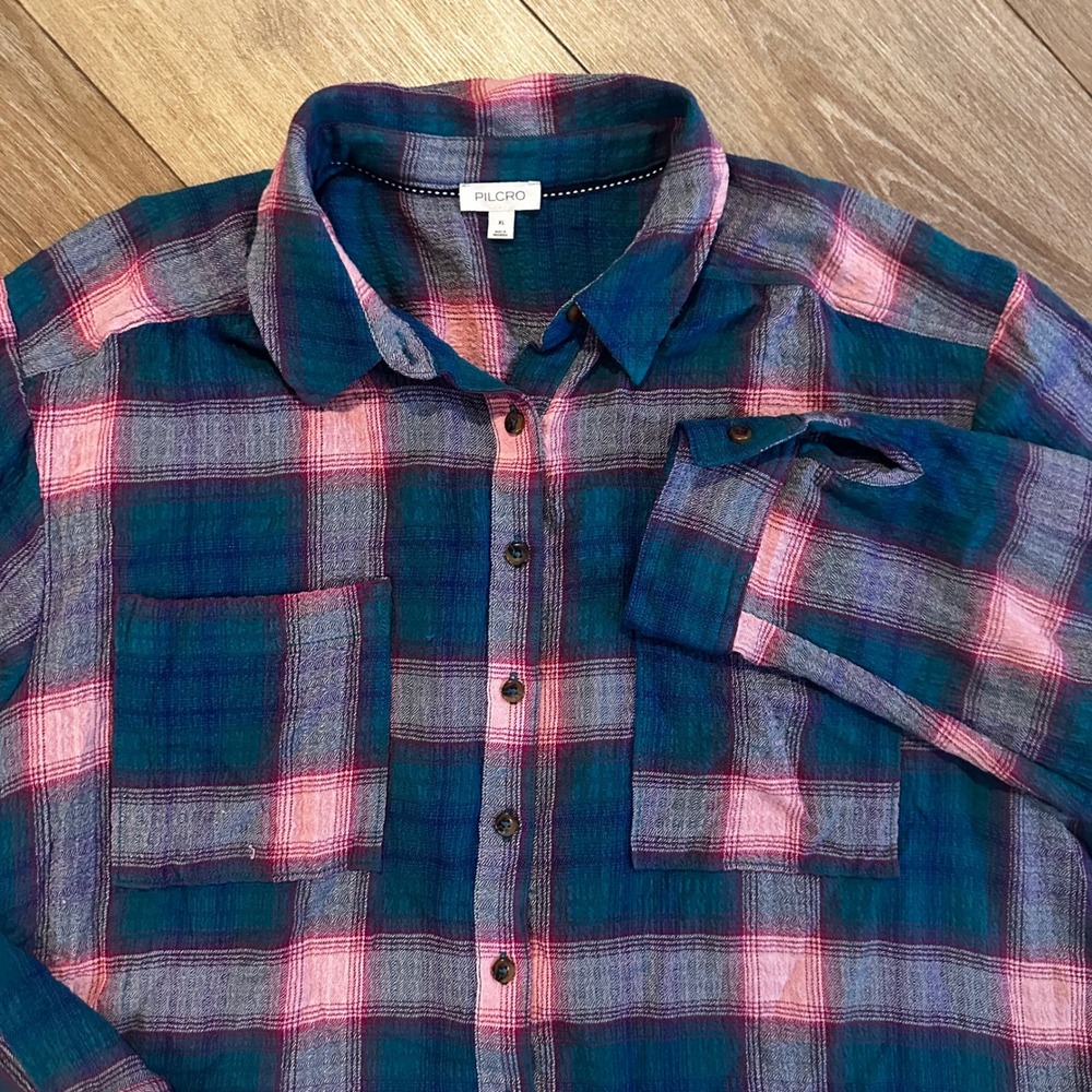 Pilcro Teal Pink Plaid Button Down Shirt XL Viscose Blend Long Sleeve Top